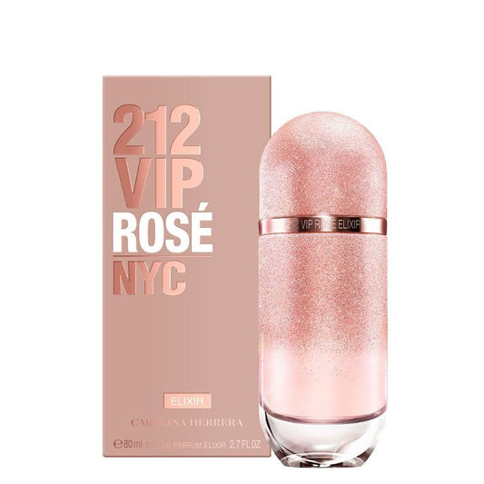 Carolina Herrera 212 VIP Rosé Elixir perfume bottle and box, pink glitter design, 80ml