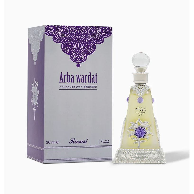 Arba Wardat concentrated perfume by Rasasi, luxury Arabic fragrance with ornate bottle and purple floral design
