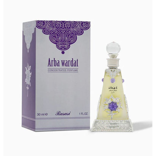 Arba Wardat concentrated perfume by Rasasi, luxury Arabic fragrance with ornate bottle and purple floral design