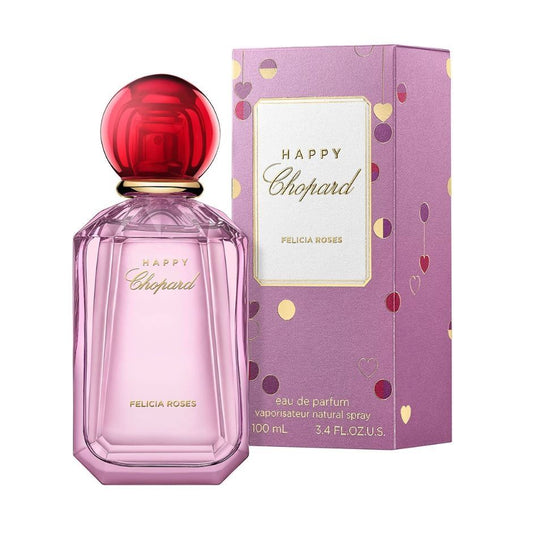 Chopard Happy Felicia Roses pink perfume bottle and box with gold text and red cap