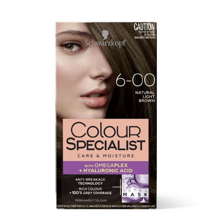 Box of Schwarzkopf Colour Specialist hair dye 6-00 natural light brown with Omegaplex and hyaluronic acid.