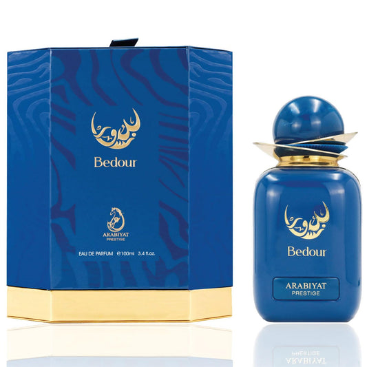 Bedour Arabiyat Prestige blue perfume bottle with matching luxury box, gold accents
