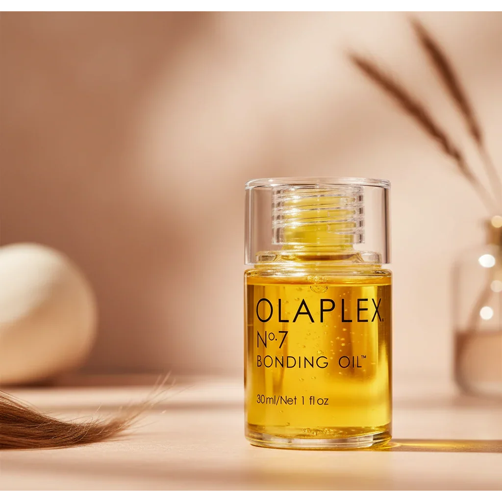 Olaplex No. 7 Bonding Oil bottle for hair care on a neutral background
