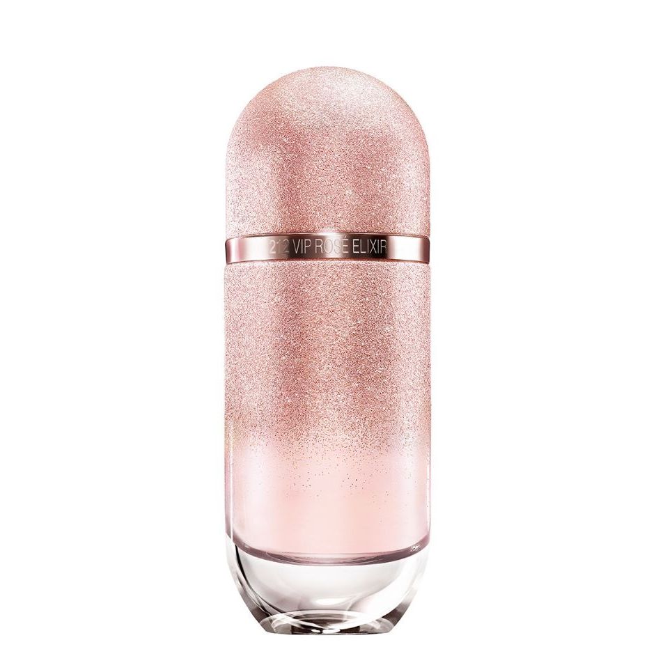 Sparkling pink perfume bottle labeled 212 VIP Rose Elixir on white background.