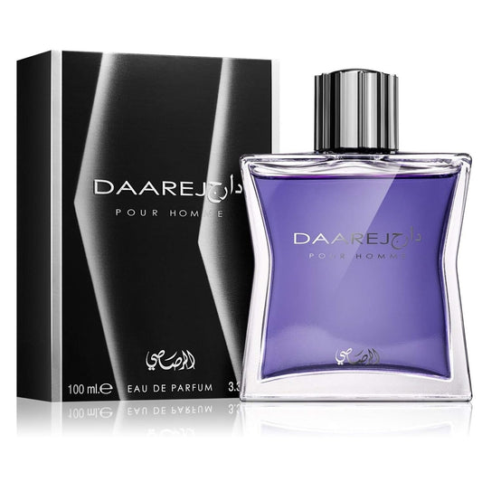 Daarej Pour Homme perfume bottle with purple fragrance and black box, men’s eau de parfum