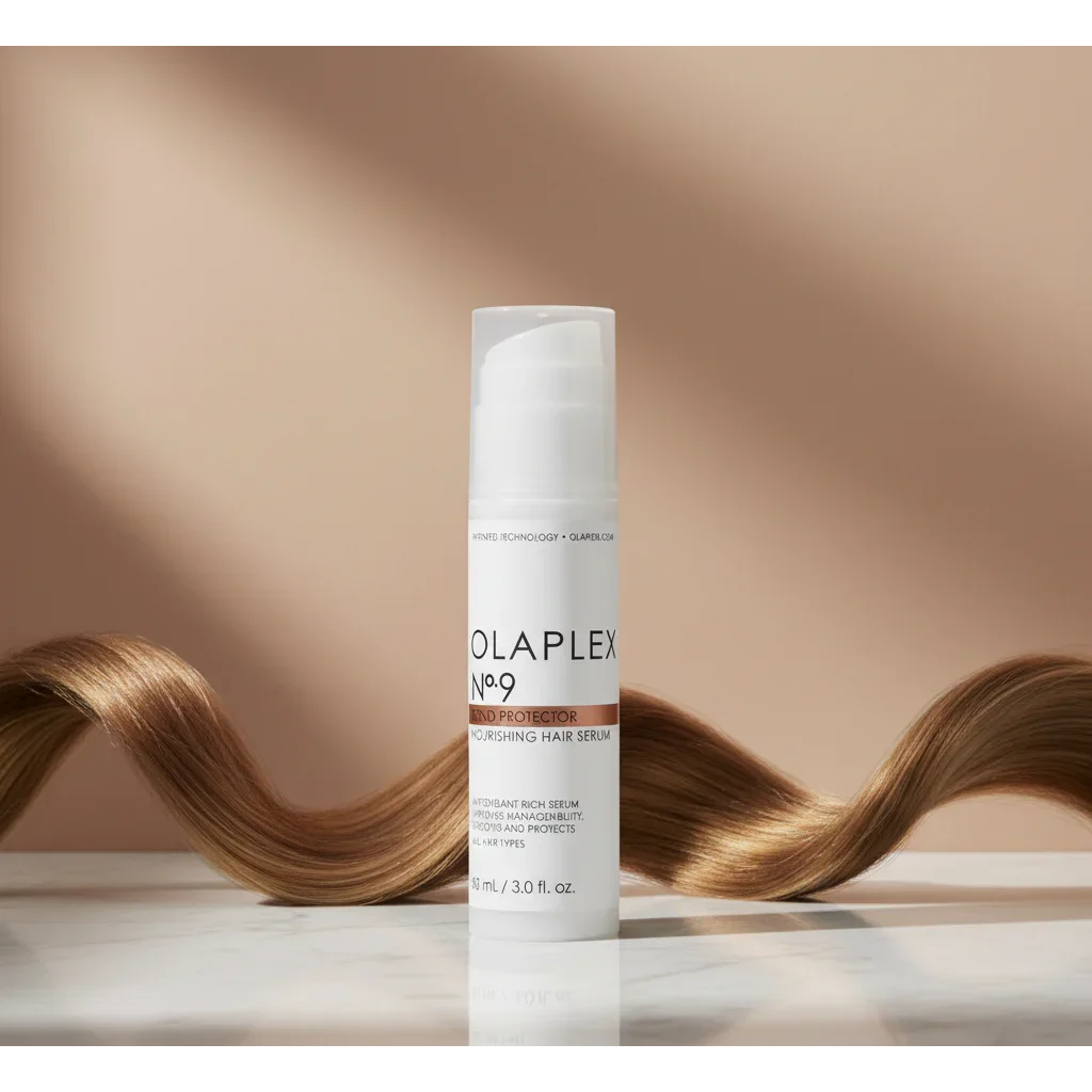 Olaplex No.9 Bond Protector nourishing hair serum bottle with flowing hair on beige background