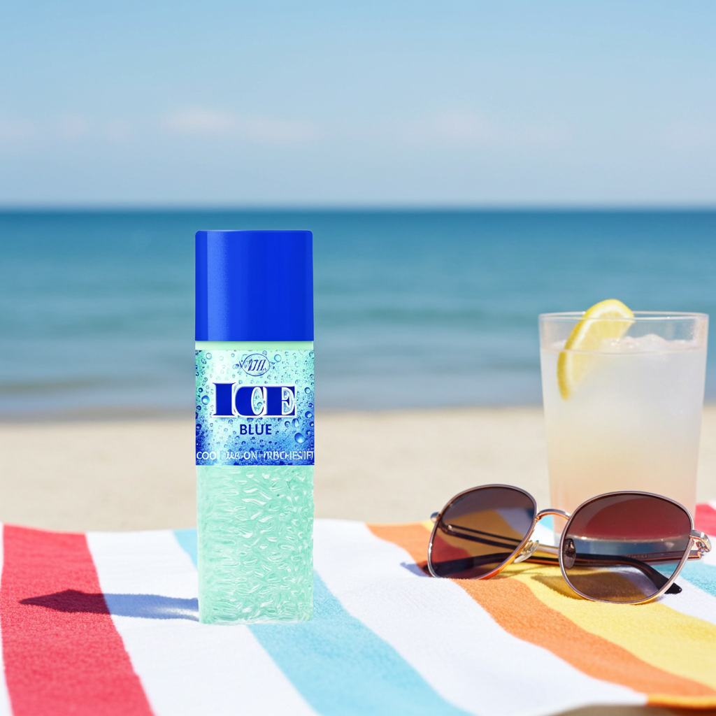Blue roll-on deodorant on beach towel with sunglasses and lemonade, ocean in background