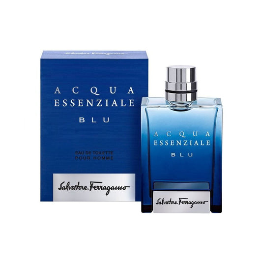 Salvatore Ferragamo Acqua Essenziale Blu Eau de Toilette for men, luxury blue perfume bottle with box