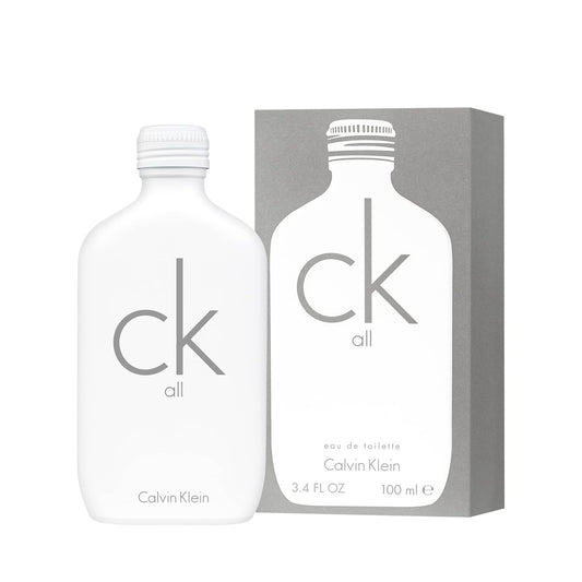 Calvin Klein CK All 100ml perfume bottle and box, minimalist white and gray design.