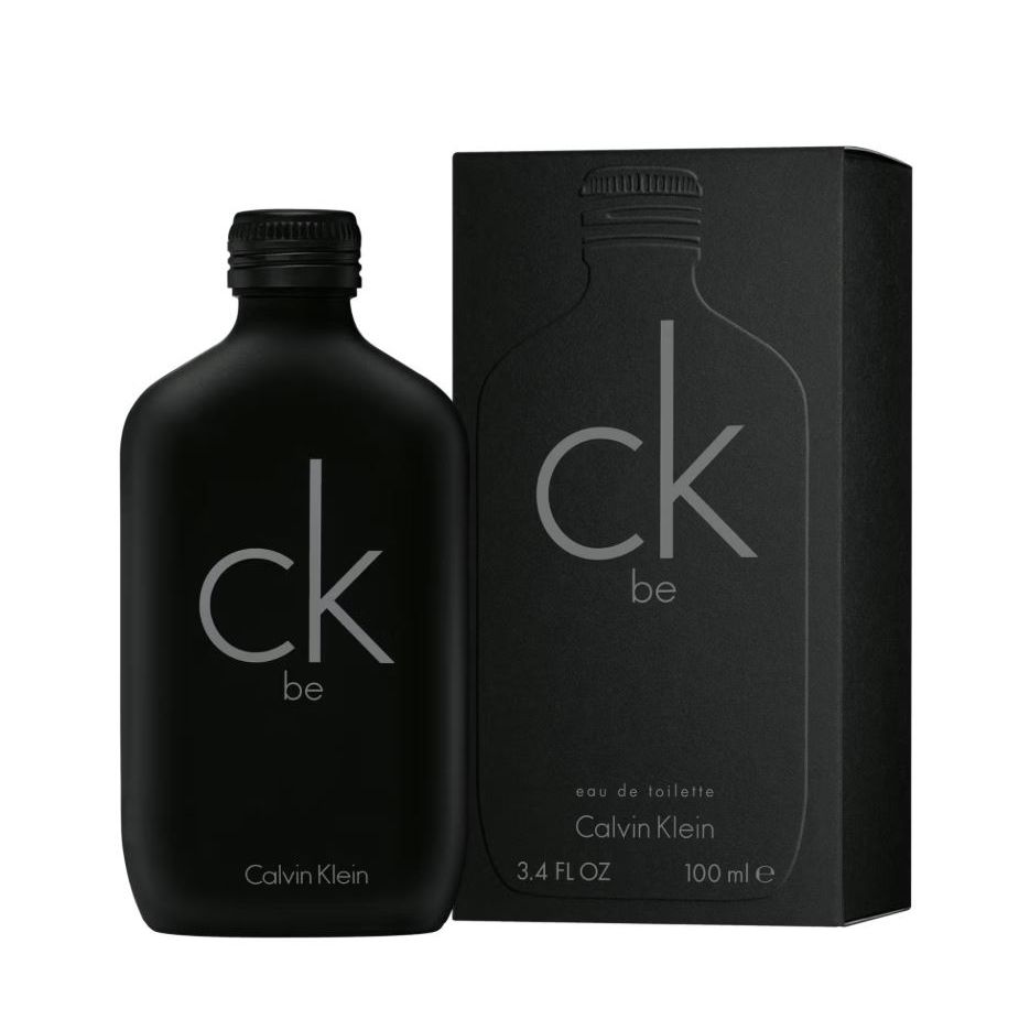 Black Calvin Klein CK Be perfume bottle and box, 100ml, modern minimalist fragrance packaging.