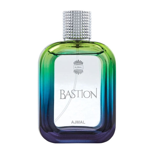 Ajmal Bastion perfume bottle, 100ml, with gradient green and blue glass, silver cap
