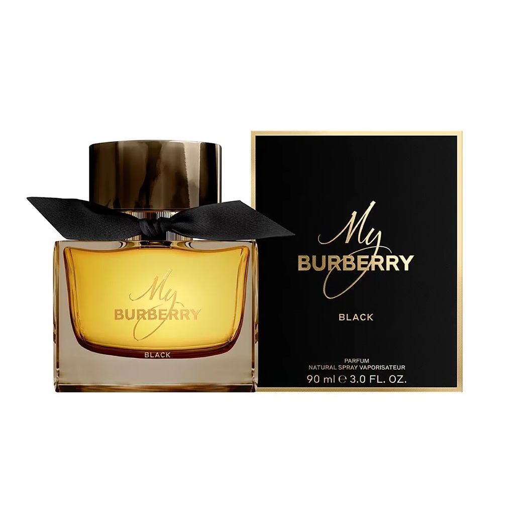 My Burberry Black perfume 90ml bottle with black ribbon next to matching box