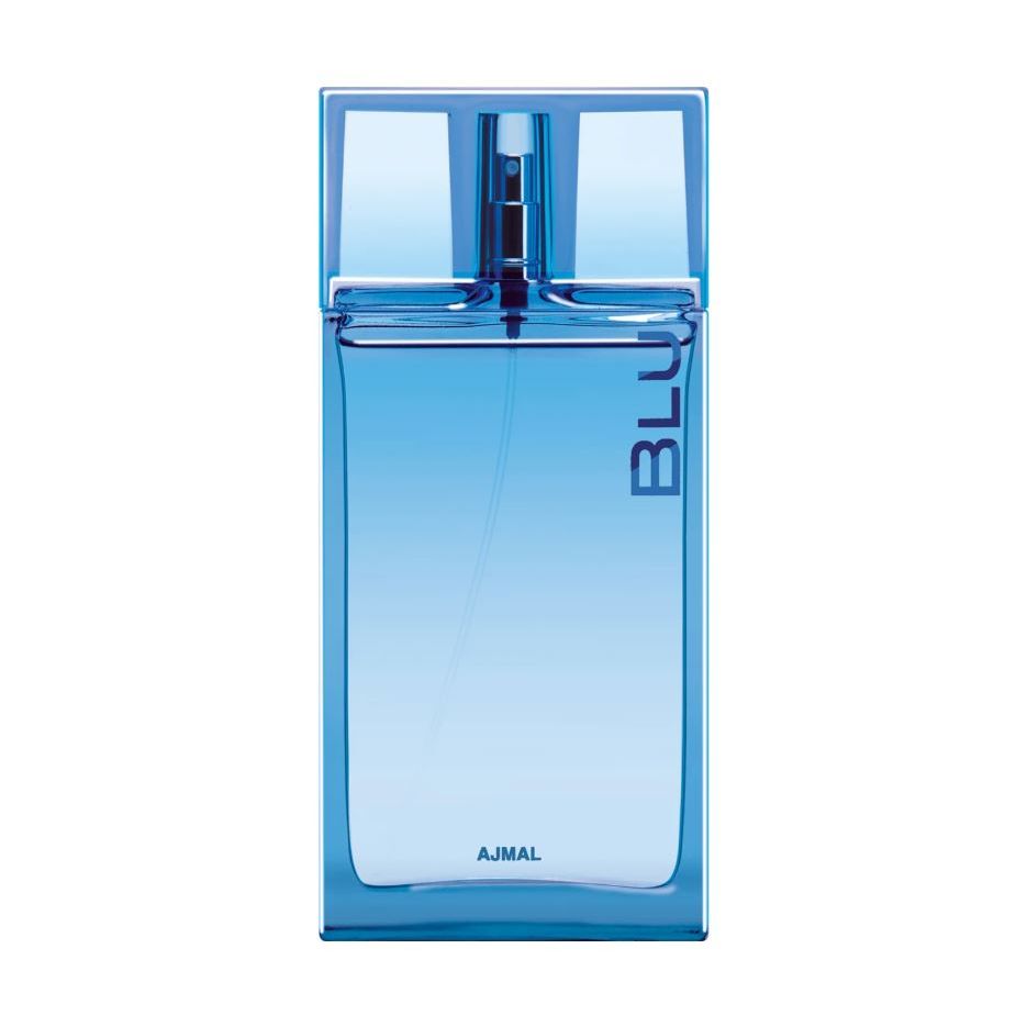 Blue rectangular perfume bottle with spray nozzle and 'BLU' printed on the side