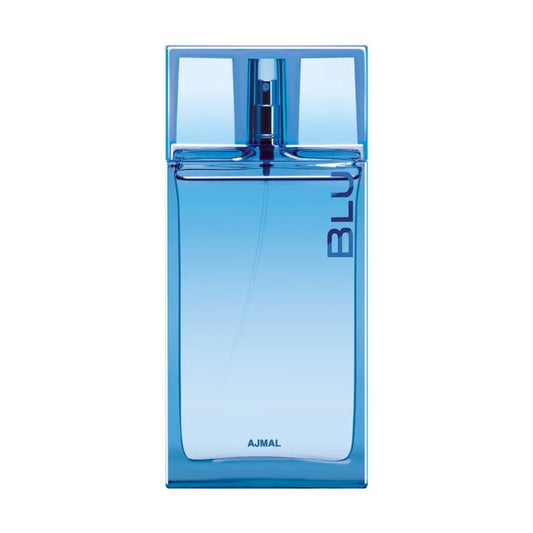 Blue rectangular perfume bottle with spray nozzle and 'BLU' printed on the side