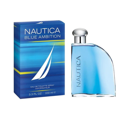 Nautica Blue Ambition Eau de Toilette spray bottle and box, featuring a sleek blue design with a sail motif.