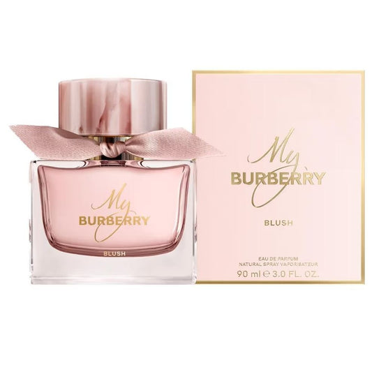 My Burberry Blush perfume with pink box and ribbon, luxury fragrance, 90ml bottle
