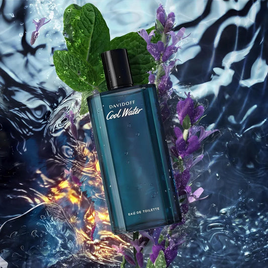 Davidoff Cool Water perfume bottle with mint leaves, lavender, and water splash background