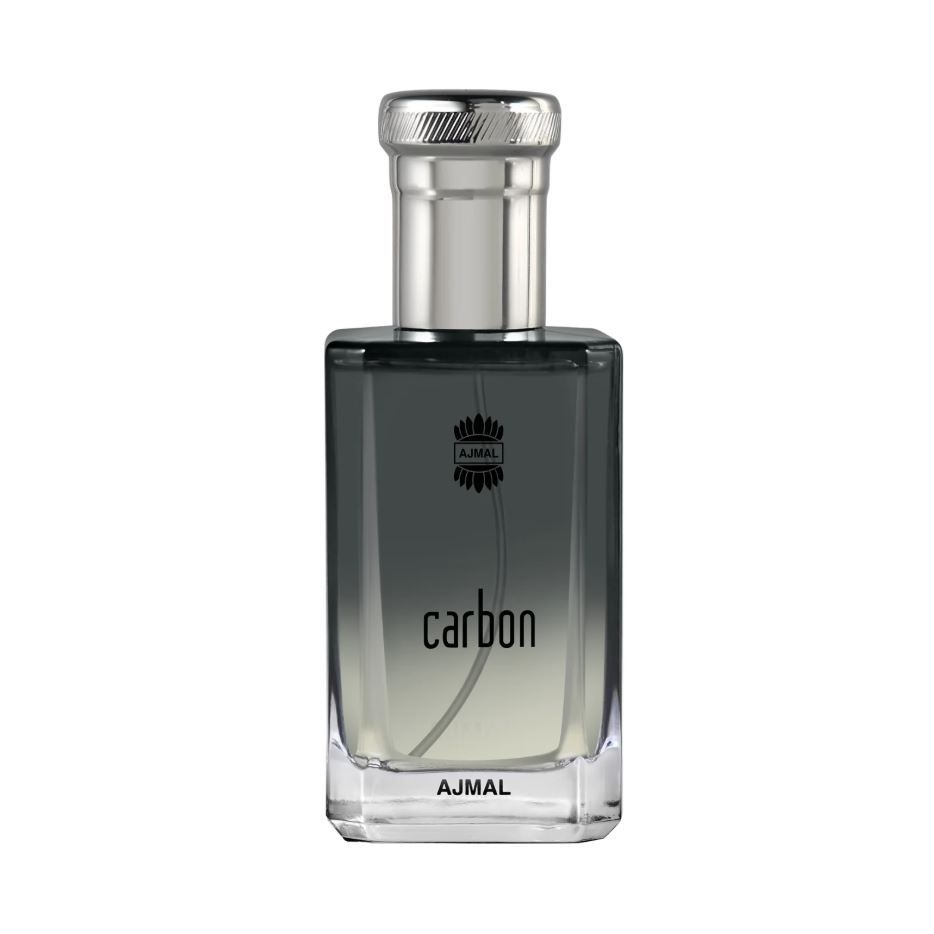 Ajmal Carbon perfume bottle with metallic cap and sleek black gradient design.