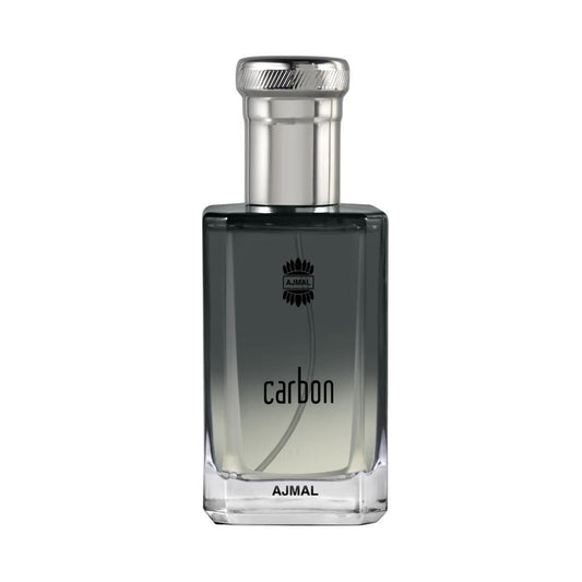 Ajmal Carbon perfume bottle with metallic cap and sleek black gradient design.