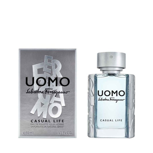 Salvatore Ferragamo Uomo Casual Life Eau de Toilette for men, sleek silver bottle with matching box, luxury fragrance