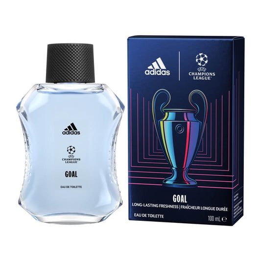 Adidas Goal UEFA Champions League Eau de Toilette, long-lasting fresh fragrance in sleek blue bottle with trophy box