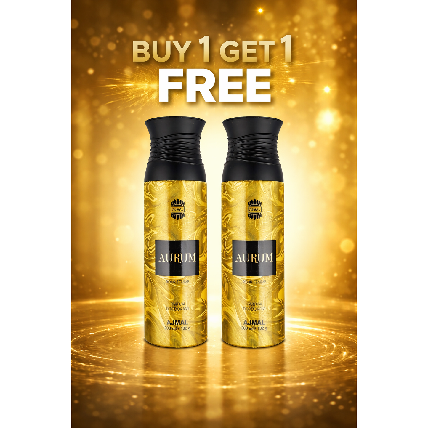 Two Ajmal Aurum parfum deodorant bottles with buy 1 get 1 free offer on golden background