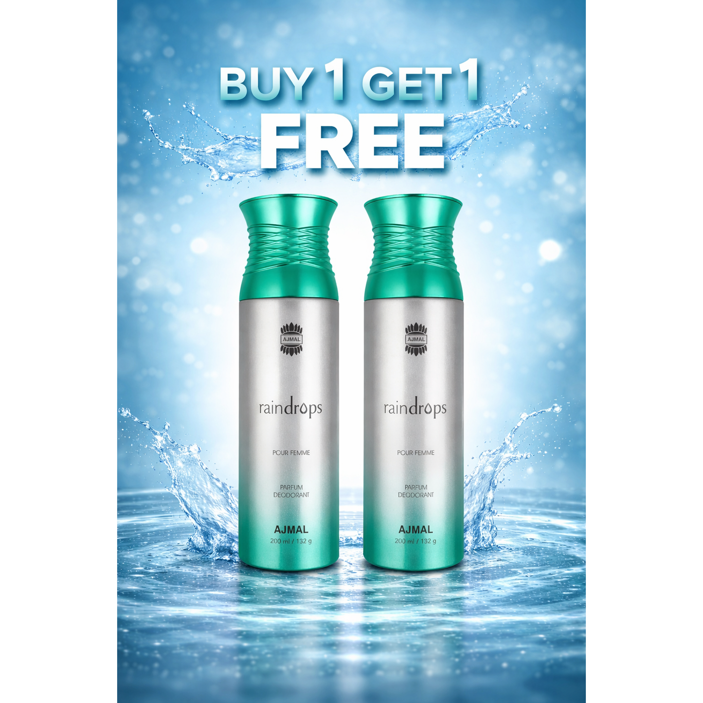 Two Ajmal Raindrops perfume deodorant sprays with 'buy 1 get 1 free' offer on watery background.