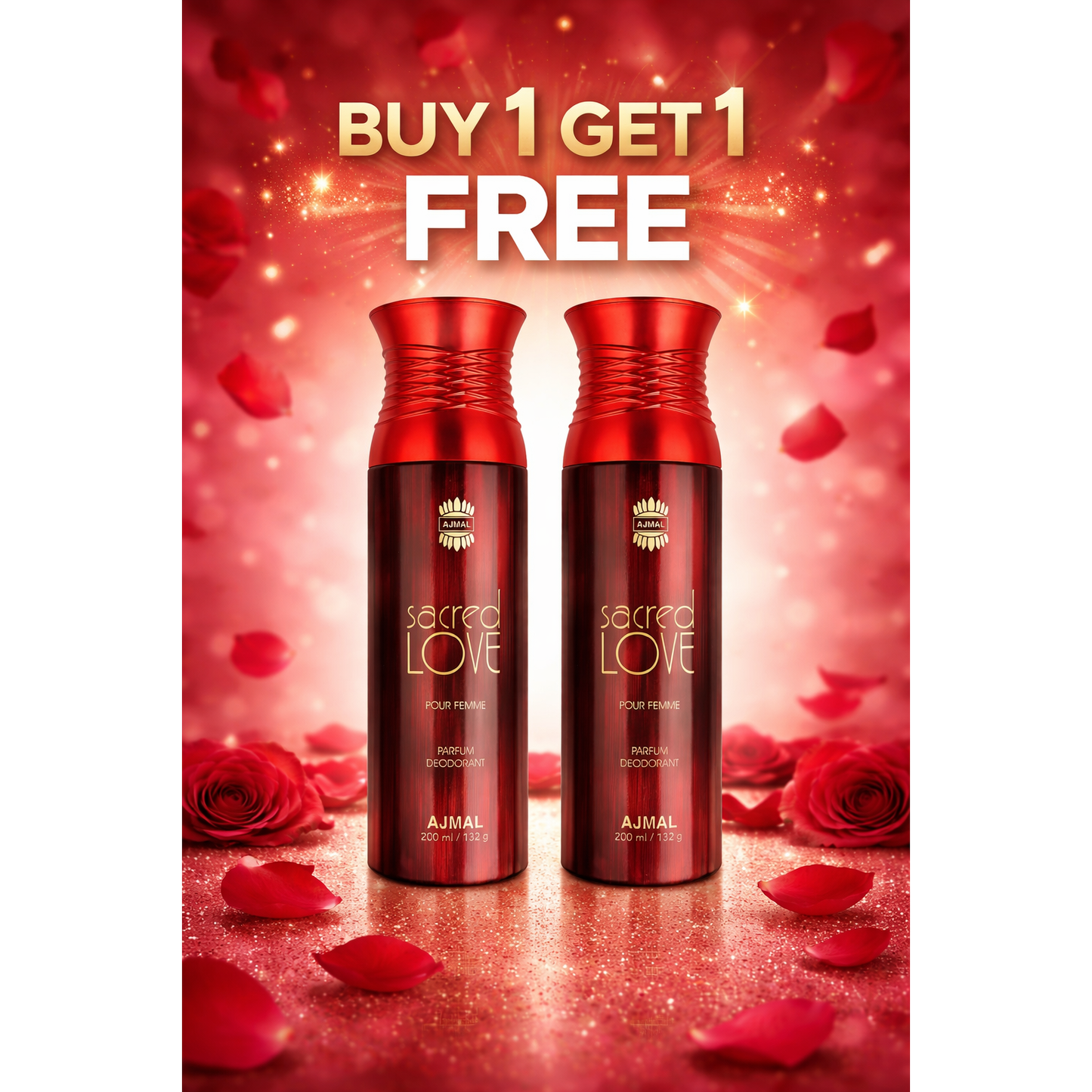 Ajmal Sacred Love perfume deodorant spray for women, buy 1 get 1 free offer, red roses