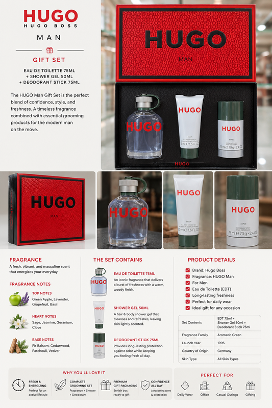Hugo Man Gift Set (75ml EDT + 50ml Shower Gel + 75ml Deodorant Stick)