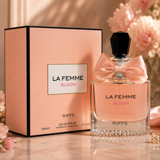 La Femme Bloom Eau de Parfum by Riiffs, 100ml luxury fragrance with pink bow, perfect for elegant occasions.