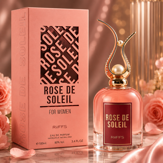 Rose de Soleil Eau de Parfum for women, luxury pink bottle with pearl cap, premium fragrance by RiiFFS