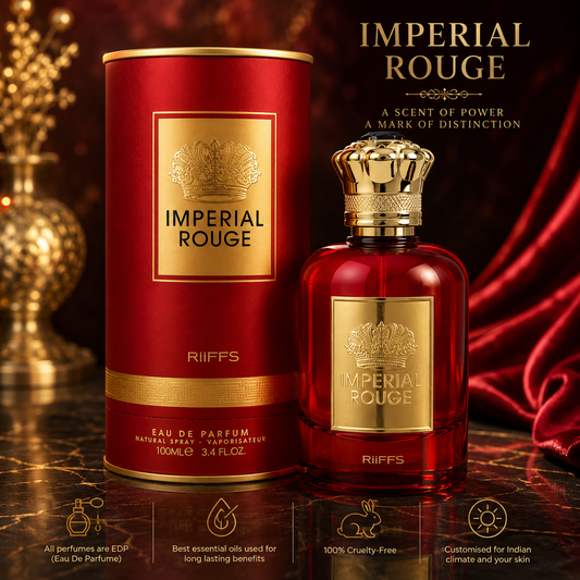 Imperial Rouge luxury perfume bottle with red glass, gold crown cap, and matching cylindrical box, showcasing premium Eau de Parfum.