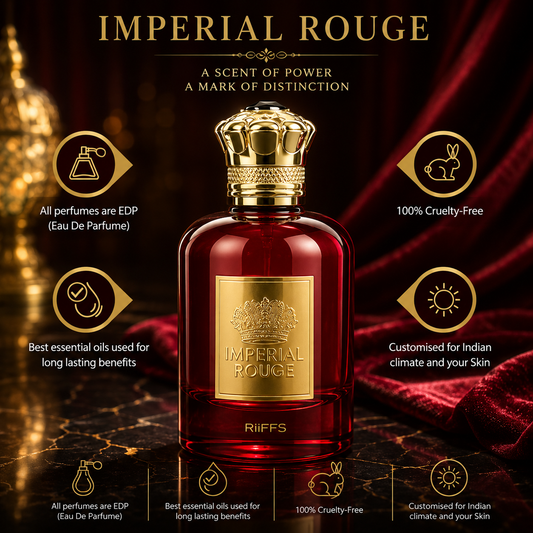 Imperial Rouge luxury perfume with gold crown cap, long-lasting EDP, cruelty-free, crafted for Indian climate