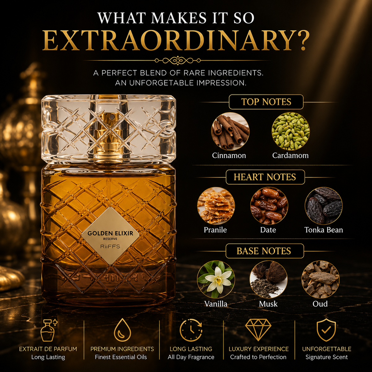 Golden Elixir Reserve perfume bottle with oud, vanilla, and cinnamon notes — luxury long-lasting fragrance