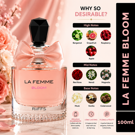 La Femme Bloom 100ml perfume with pink bow, floral & fruity notes, long-lasting luxury fragrance