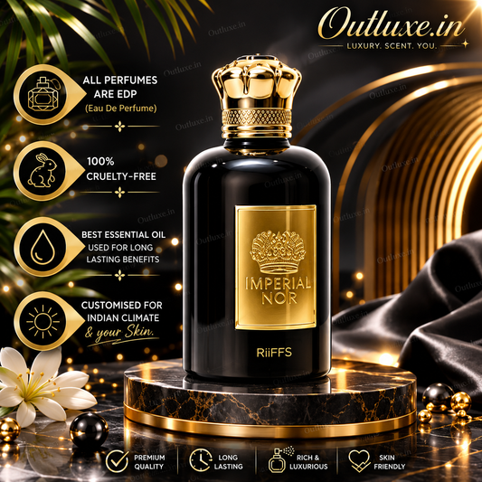 Imperial Nor EDP perfume bottle with gold crown cap, luxury oud fragrance, long-lasting & skin-friendly for Indian climate