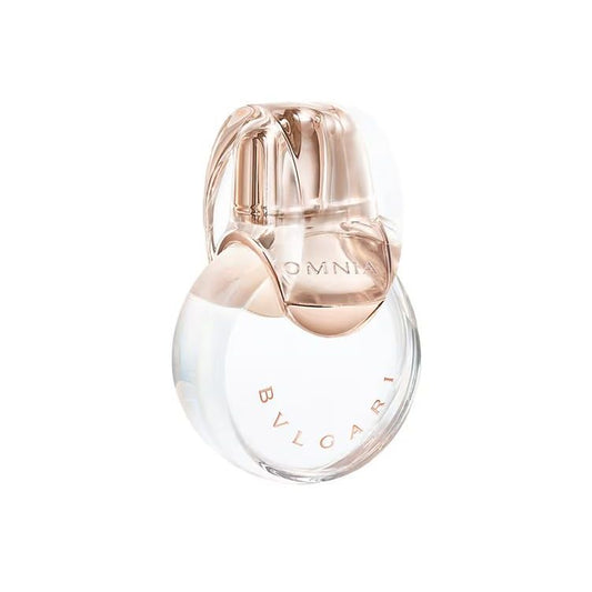 Bvlgari Omnia perfume bottle with rose gold cap and clear glass design
