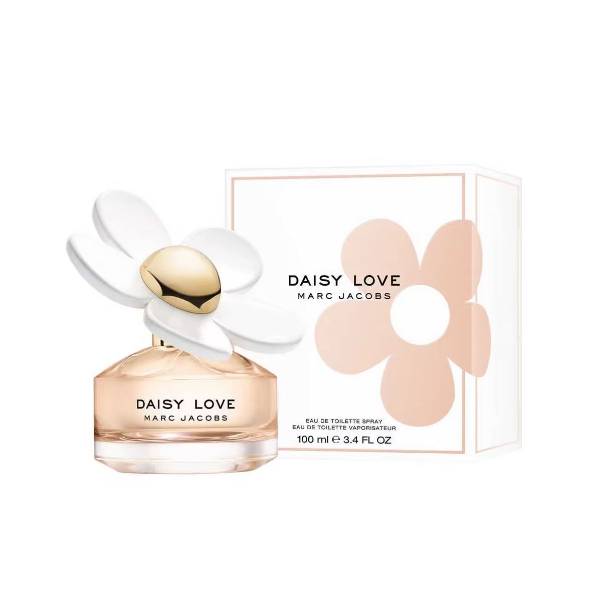 Daisy Love Marc Jacobs perfume bottle with white flower cap and matching box, 100ml size