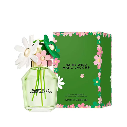 Daisy Wild Marc Jacobs perfume bottle with floral cap beside matching green flower box, 100ml