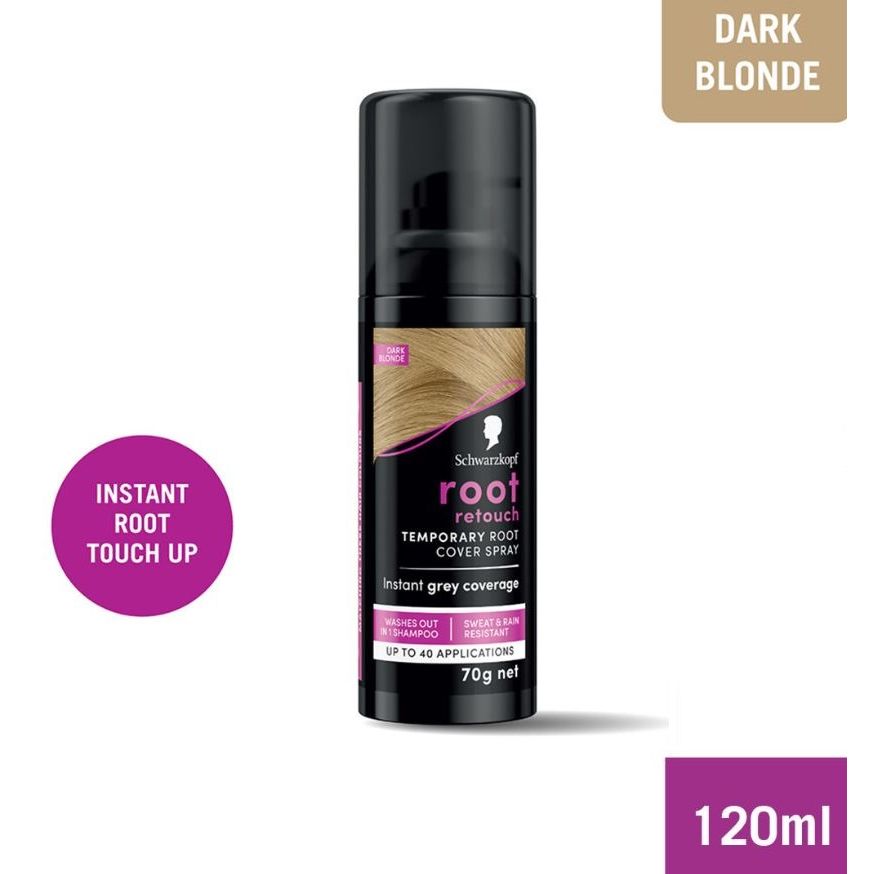 Schwarzkopf root retouch temporary root cover spray in dark blonde, 120ml, instant grey coverage.