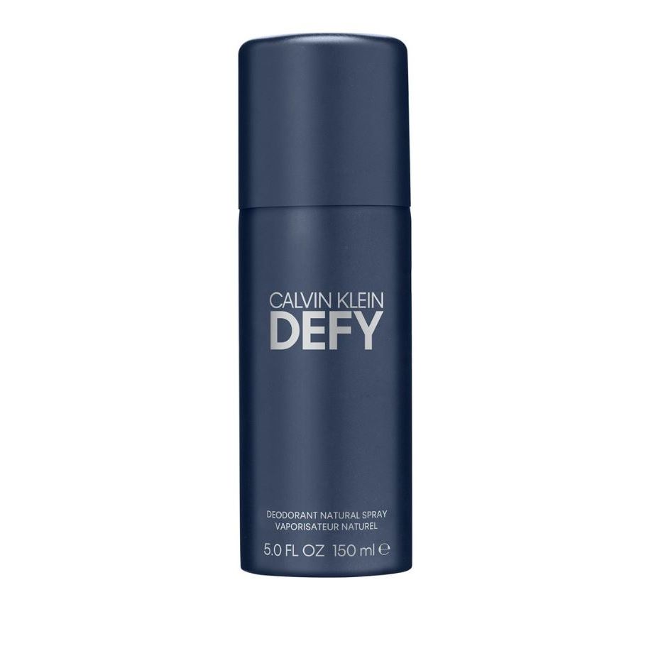 Calvin Klein Defy deodorant natural spray 150ml in dark blue bottle on white background