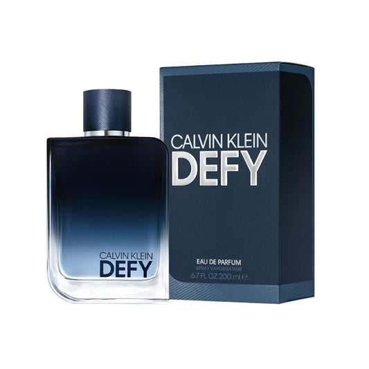 Calvin Klein Defy eau de parfum 200ml bottle and box, stylish blue gradient design