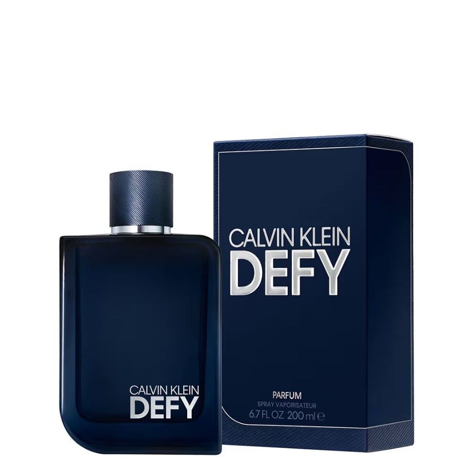 Calvin Klein Defy perfume 200ml bottle and box, dark blue packaging, fragrance product