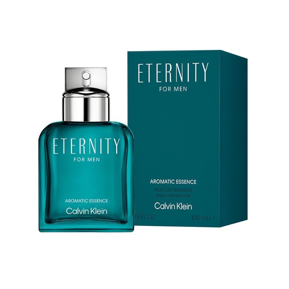 Teal Calvin Klein Eternity for Men Aromatic Essence perfume bottle and box, 100ml