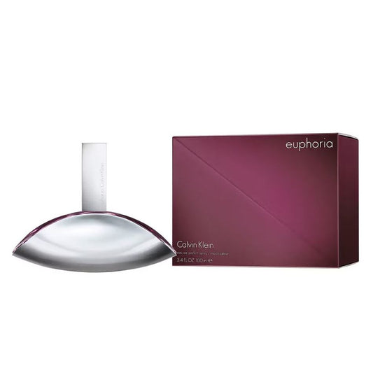 Calvin Klein Euphoria perfume 100ml bottle and purple box on white background