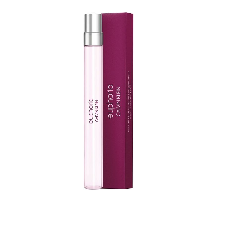 Euphoria Calvin Klein 10ml eau de parfum spray with matching purple box on white background