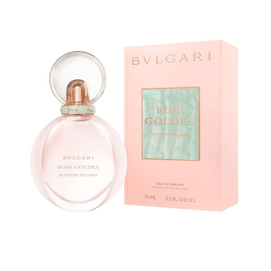 Bvlgari Rose Goldea Blossom Delight pink perfume bottle and box, 75ml, on white background.
