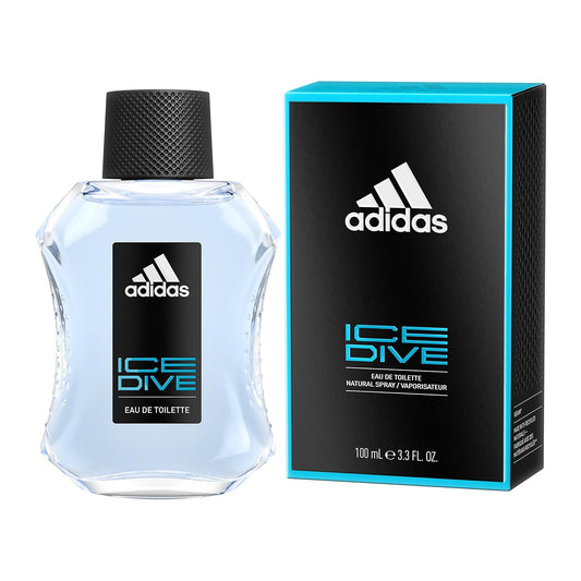 Adidas Ice Dive Eau de Toilette 100ml bottle and box, fresh men's fragrance with blue accents