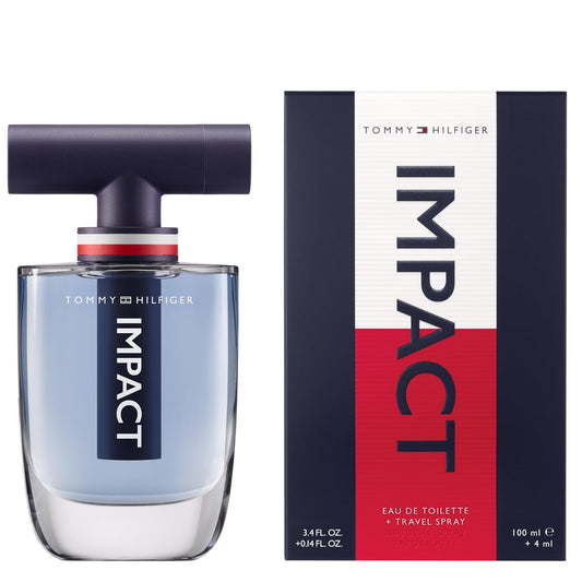 Tommy Hilfiger Impact Eau de Toilette bottle and box with travel spray, featuring bold navy and red design