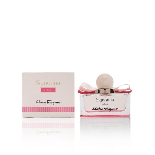 Salvatore Ferragamo Signorina in Fiore perfume bottle with pink ribbon and matching box, luxury floral fragrance